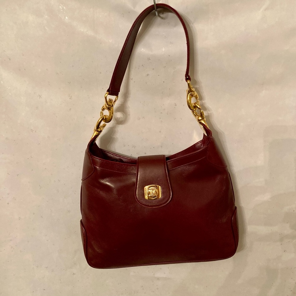 CELINE Wine Bordeaux Burgundy maroon EXC VTG leather shoulder bag gold hardware